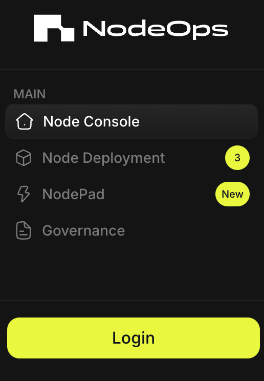Log in or sign up to the NodeOps Node as a Service DePIN Compute layer no code dashboard using the log in button