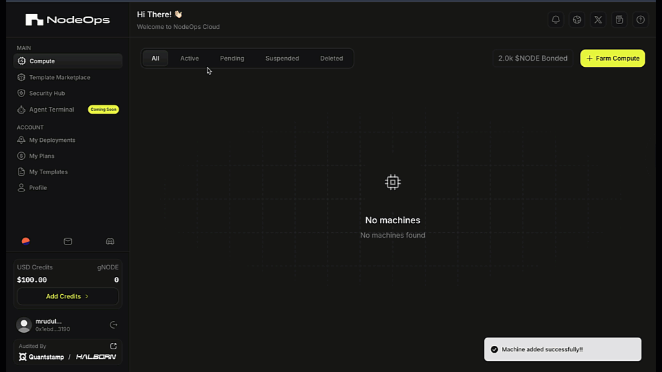 Copy the secret and command required to be run on your Machine to make it available to the verifiable Compute layer on NodeOps Cloud Marketplace. 