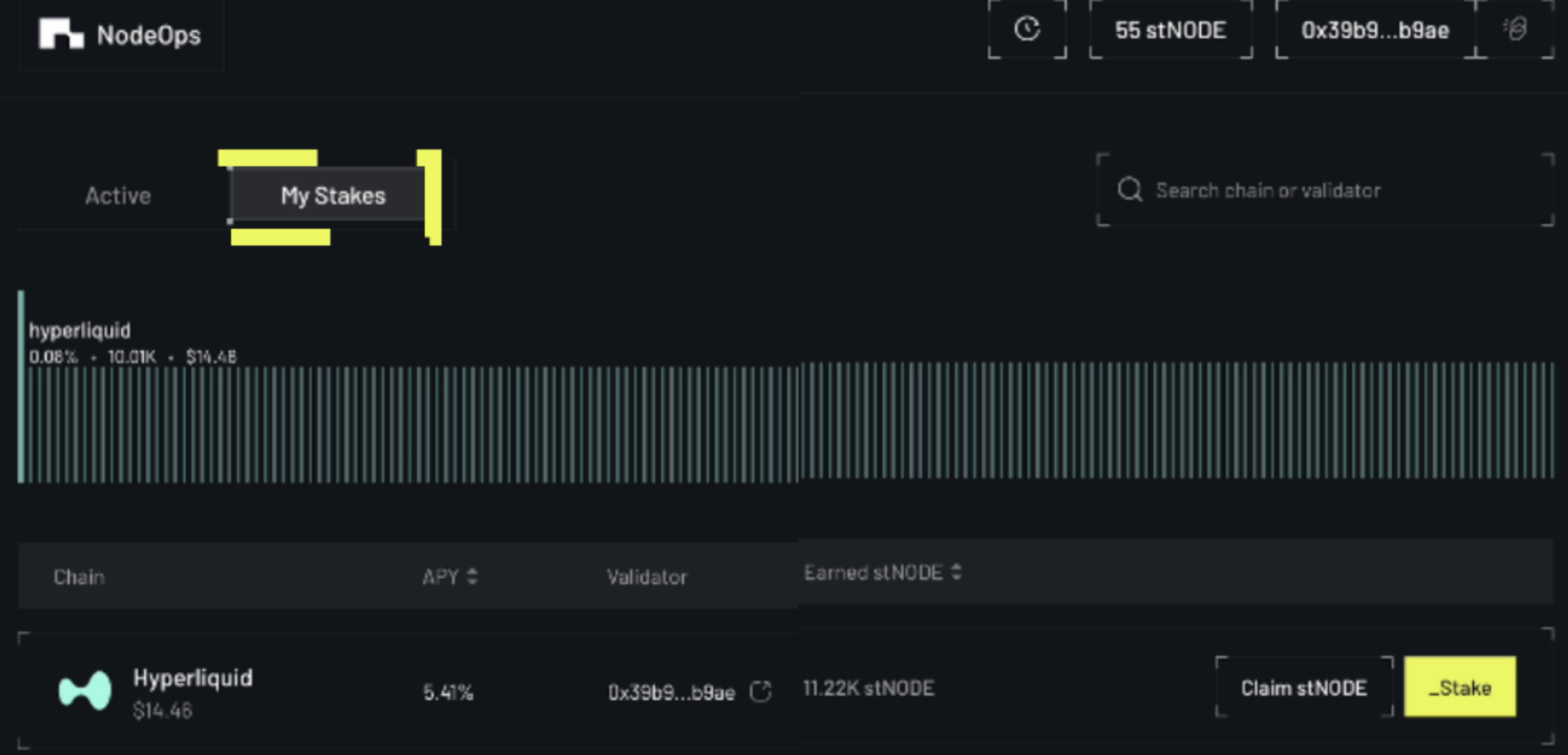 View your staked tokens via the My  Stakes tab on your NodeOps Node as a Service DePIN Compute layer no code dashboard